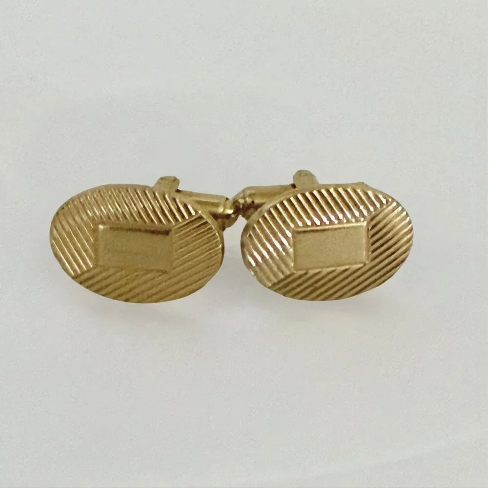 Vintage Goldtone Oval Cufflinks Textured Geometric Design